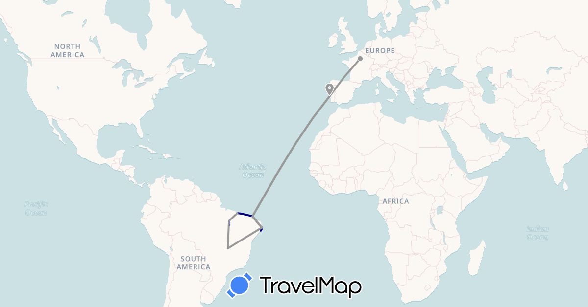 TravelMap itinerary: driving, plane in Brazil, France, Portugal (Europe, South America)